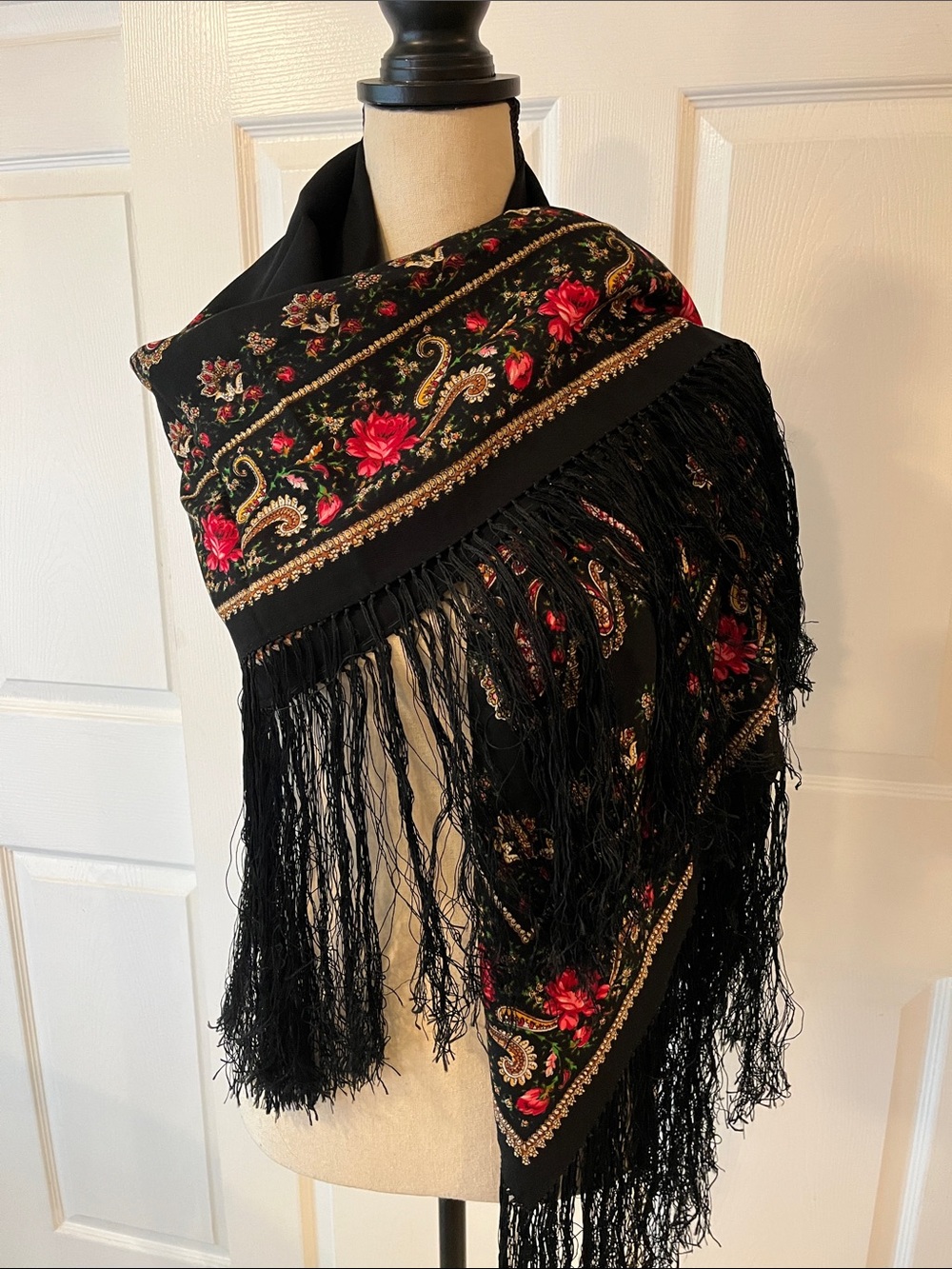 Black Floral Fringe Shawl Scarf - Women's Accessory from Pavlovo Posad factory